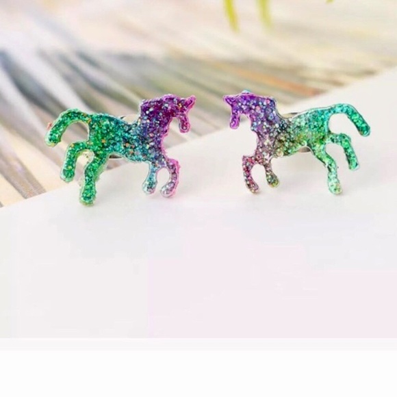 Unicorn Ombré Glitter Festival Sparkle Pierced Stud Earrings NIBag - Picture 7 of 8